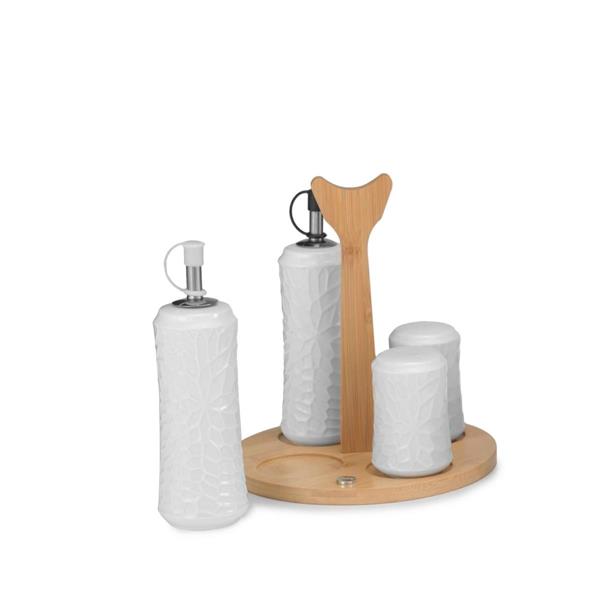 SET OLIO ACETO, SALE PEPE CERAMICA C/BASE LEGNO CM.Ø12 H19