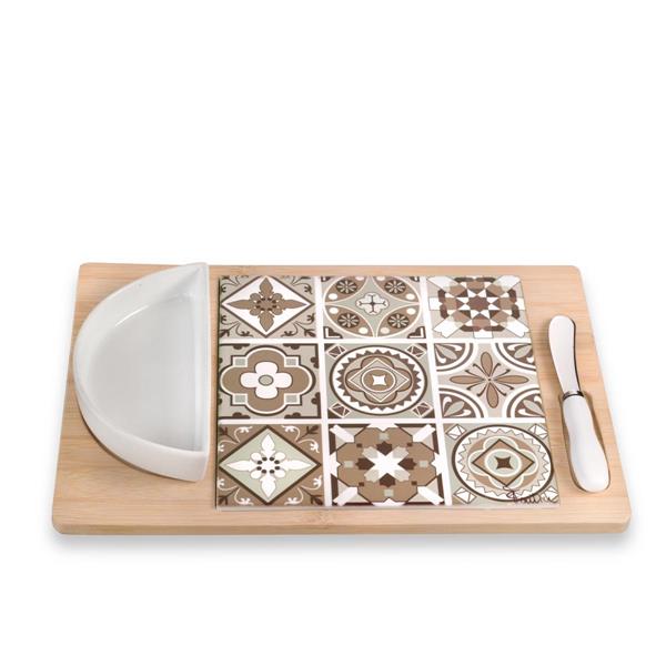 SET TAGLIERE IN CERAMICA C/BASE LEGNO MAIOLICA TORTORA CM.33X22