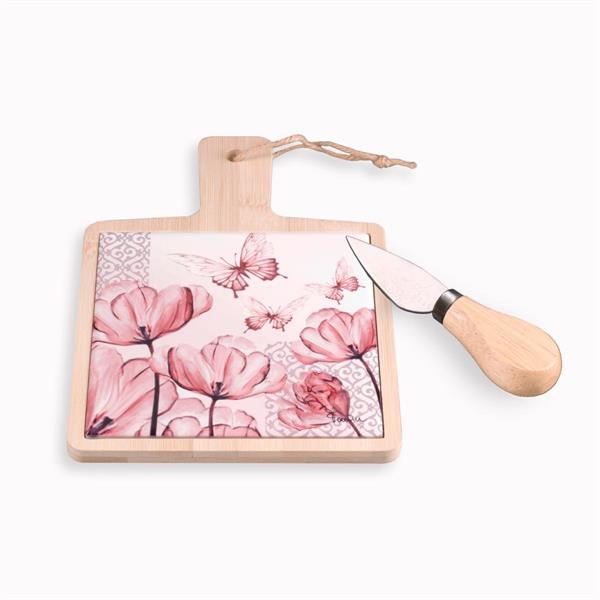 SET TAGLIERE IN CERAMICA C/BASE LEGNO FIORI E FARFALLE CM.17X12