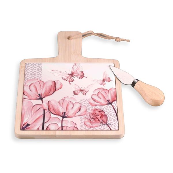 SET TAGLIERE IN CERAMICA C/BASE LEGNO FIORI E FARFALLE CM.24,5X17